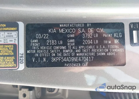 2022 Kia Forte Gt-Line from USA, damaged, VIN 3KPF54AD9NE470417